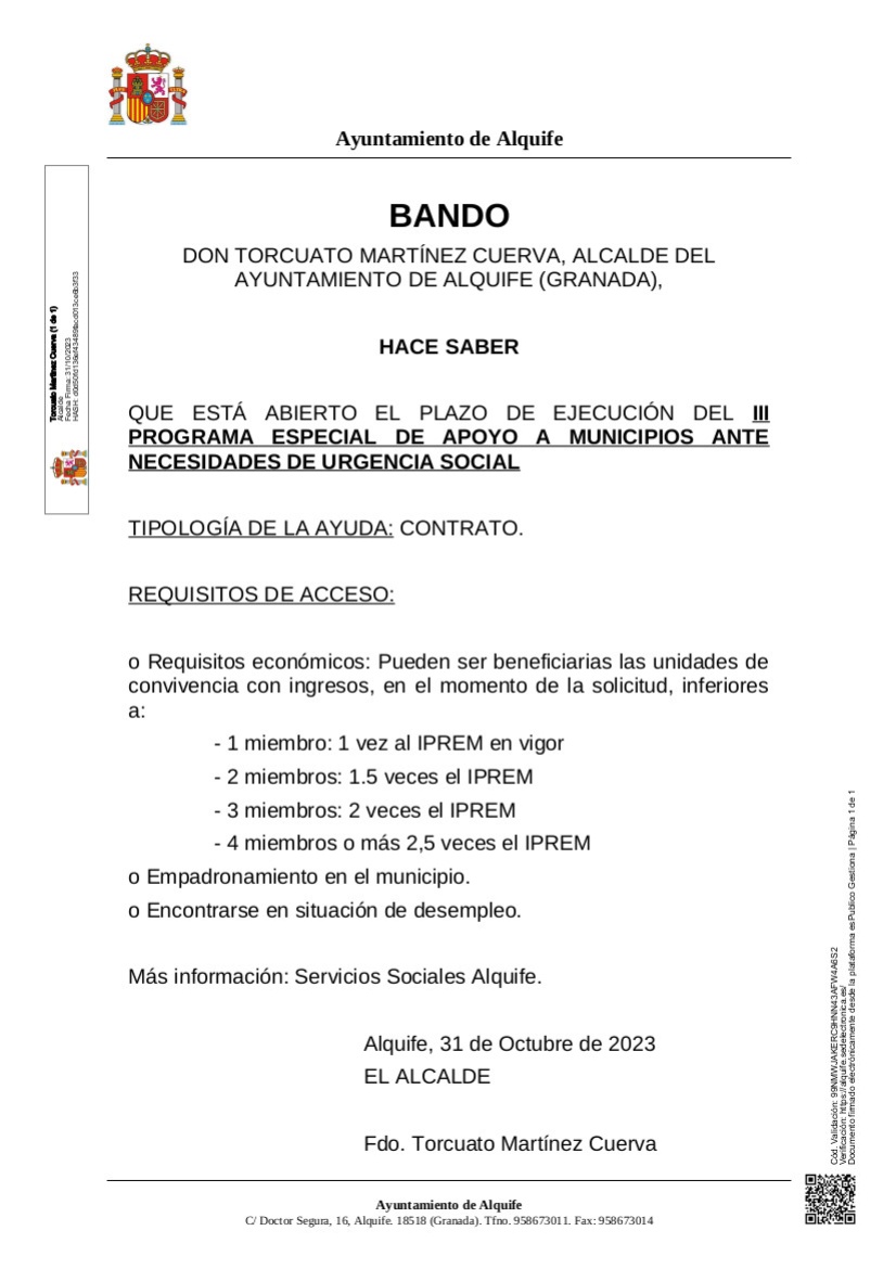 ABIERTO EL PLAZO DE EJECUCIÓN DEL III PROGRAMA ESPECIAL DE APOYO A MUNICIPIOS ANTE NECESIDADES DE URGENCIA SOCIAL
